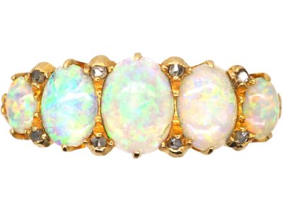 Edwardian 18ct Gold Five Stone Opal Ring with Rose Diamond Points