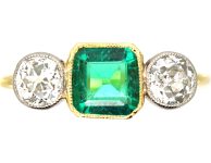 Early 20th Century 18ct Gold & Platinum Emerald & Diamond Three Stone Ring