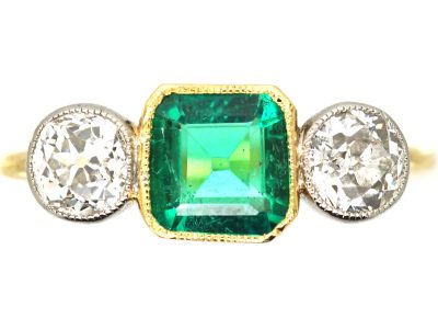 Early 20th Century 18ct Gold & Platinum Emerald & Diamond Three Stone Ring