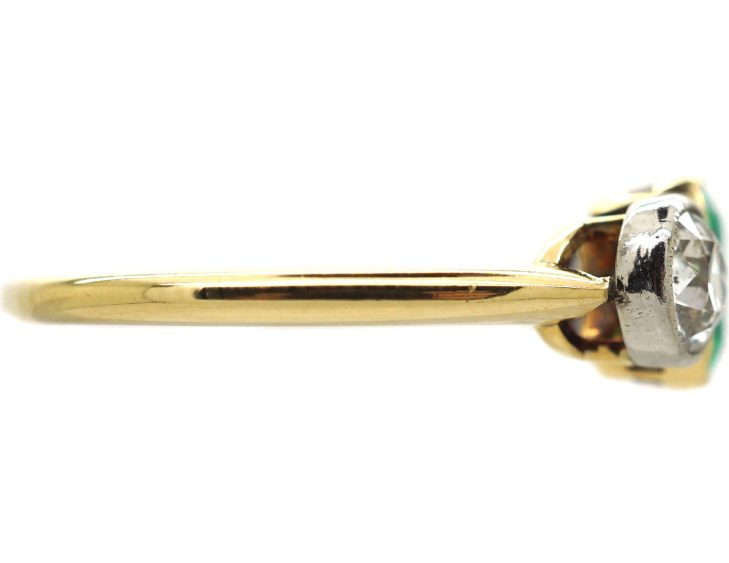 Early 20th Century 18ct Gold & Platinum Emerald & Diamond Three Stone Ring