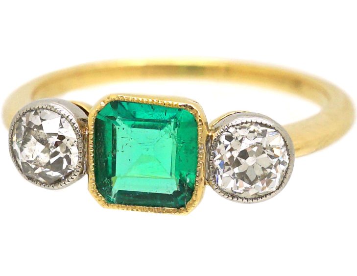 Early 20th Century 18ct Gold & Platinum Emerald & Diamond Three Stone Ring