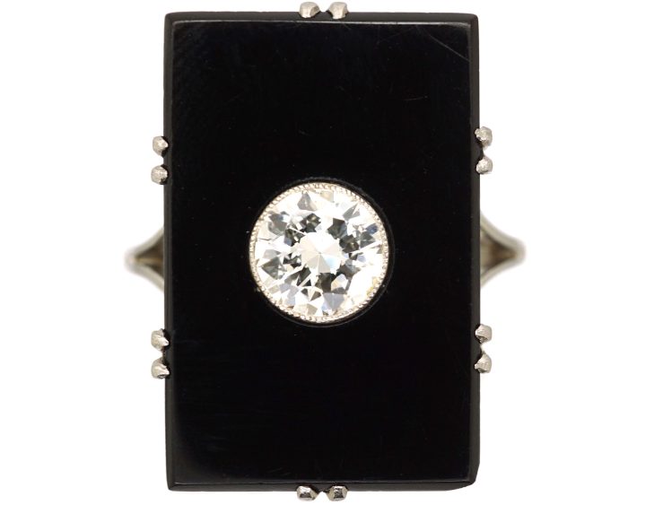 Art Deco 18ct White Gold & Platinum Large Rectangular Onyx Ring set with a Diamond