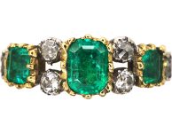 Georgian 18ct Gold & Silver Emerald Three Stone Ring with Diamonds In Between