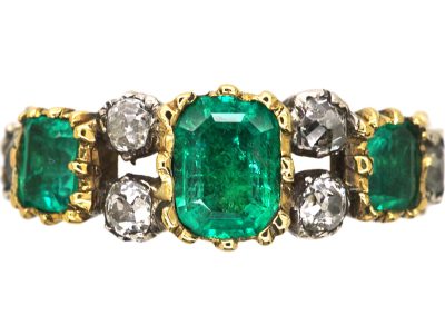 Georgian 18ct Gold & Silver Emerald Three Stone Ring with Diamonds In Between