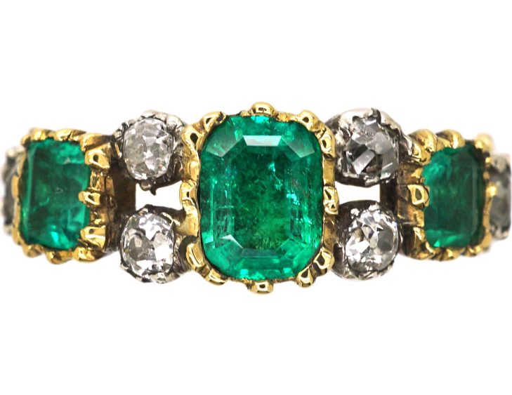 Georgian 18ct Gold & Silver Emerald Three Stone Ring with Diamonds In Between
