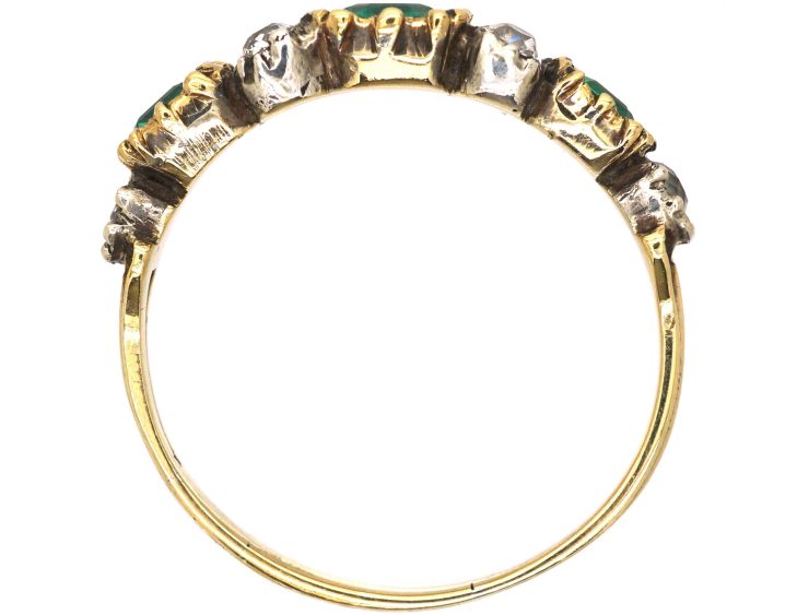 Georgian 18ct Gold & Silver Emerald Three Stone Ring with Diamonds In Between