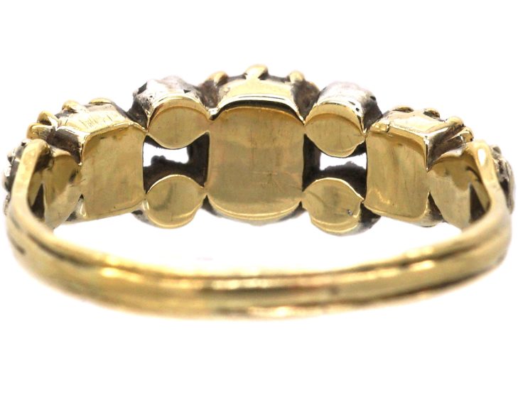 Georgian 18ct Gold & Silver Emerald Three Stone Ring with Diamonds In Between