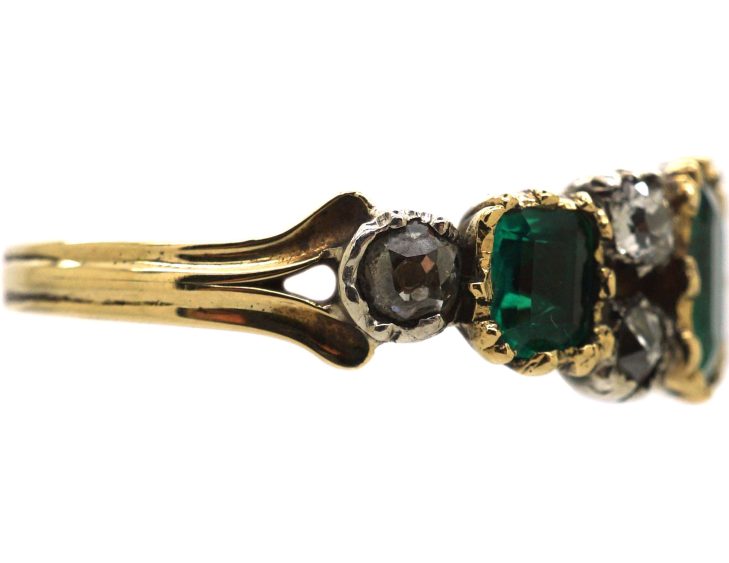 Georgian 18ct Gold & Silver Emerald Three Stone Ring with Diamonds In Between