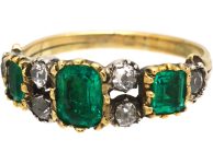 Georgian 18ct Gold & Silver Emerald Three Stone Ring with Diamonds In Between