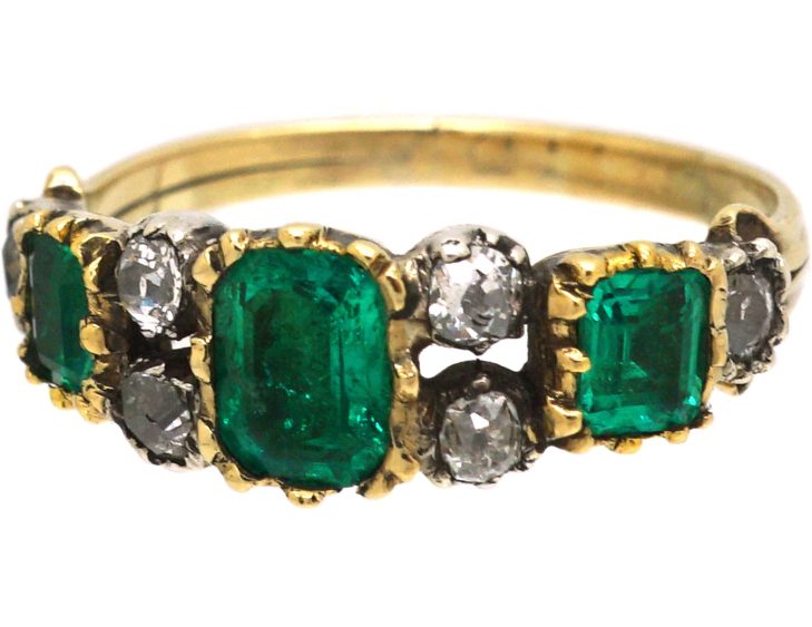 Georgian 18ct Gold & Silver Emerald Three Stone Ring with Diamonds In Between