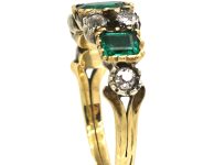 Georgian 18ct Gold & Silver Emerald Three Stone Ring with Diamonds In Between
