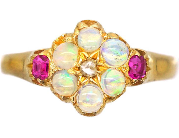 Early 20th Century 18ct Gold Opal & Rose Diamond Cluster Ring with Ruby Shoulders