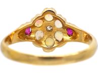 Early 20th Century 18ct Gold Opal & Rose Diamond Cluster Ring with Ruby Shoulders