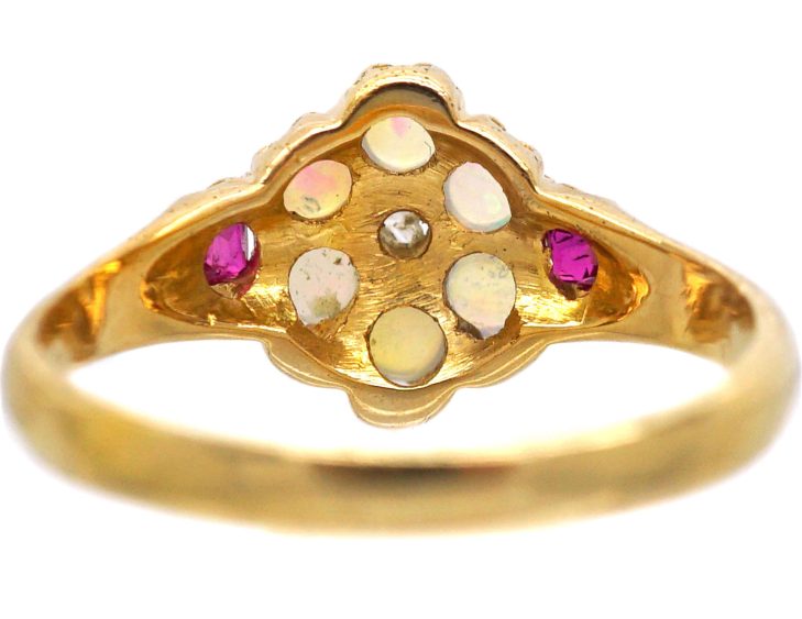 Early 20th Century 18ct Gold Opal & Rose Diamond Cluster Ring with Ruby Shoulders