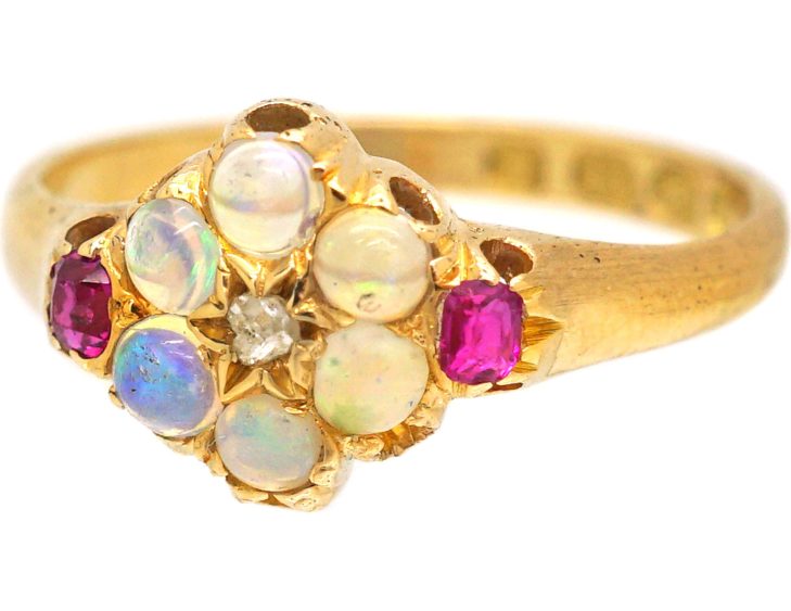 Early 20th Century 18ct Gold Opal & Rose Diamond Cluster Ring with Ruby Shoulders