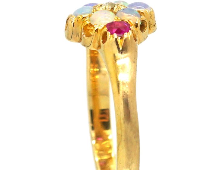 Early 20th Century 18ct Gold Opal & Rose Diamond Cluster Ring with Ruby Shoulders