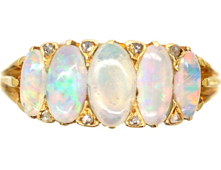 Victorian 18ct Gold Five Stone Opal & Rose Diamond Ring