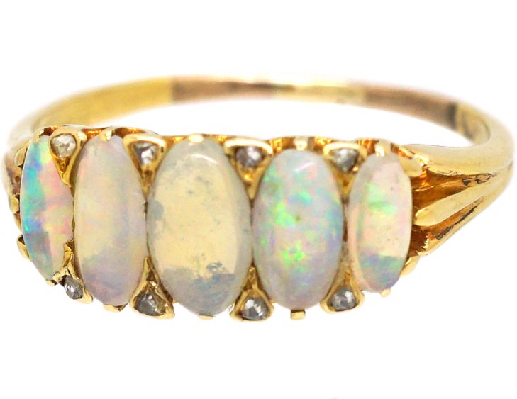 Victorian 18ct Gold Five Stone Opal & Rose Diamond Ring