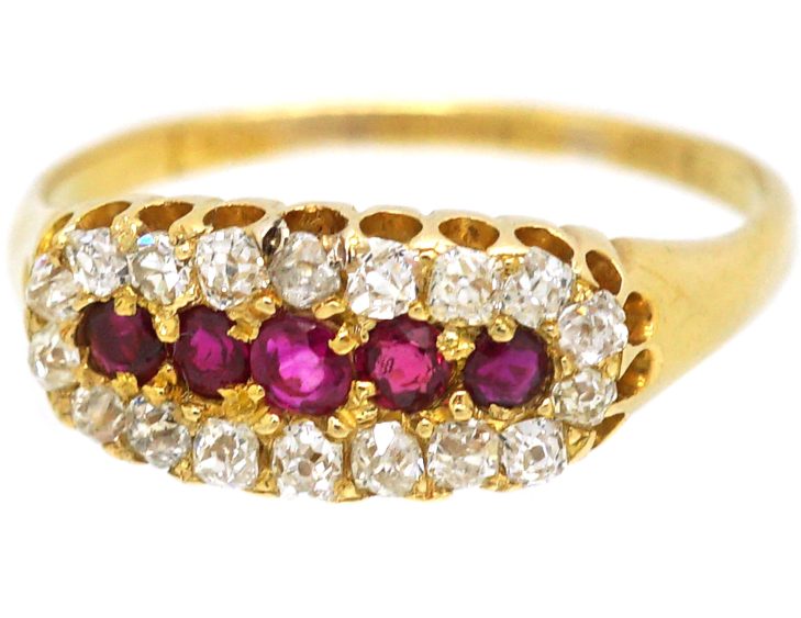 Edwardian 18ct Gold Boat Shaped Ring set with Rubies & Diamonds