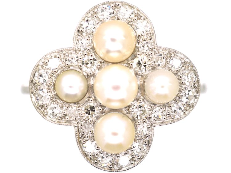 Edwardian Platinum, Diamond & Natural Pearl Quatrefoil Ring