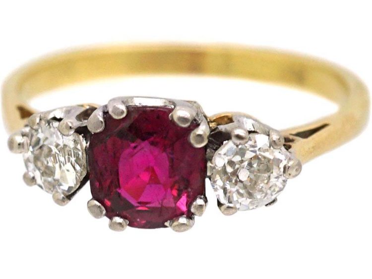 18ct Gold Three Stone Ruby & Platinum Diamond Ring