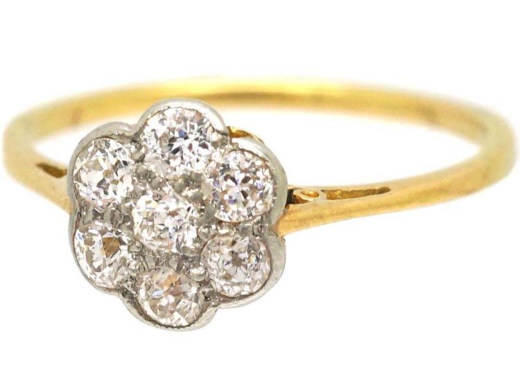 Edwardian 18ct Gold & Platinum Diamond Daisy Cluster Ring