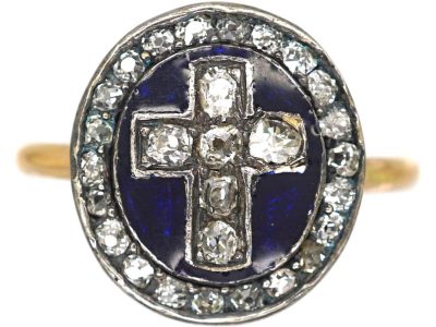 Georgian 15ct Gold & Silver Blue Enamel & Diamond Cross Ring