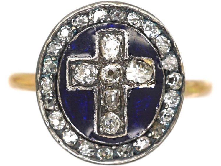Georgian 15ct Gold & Silver Blue Enamel & Diamond Cross Ring
