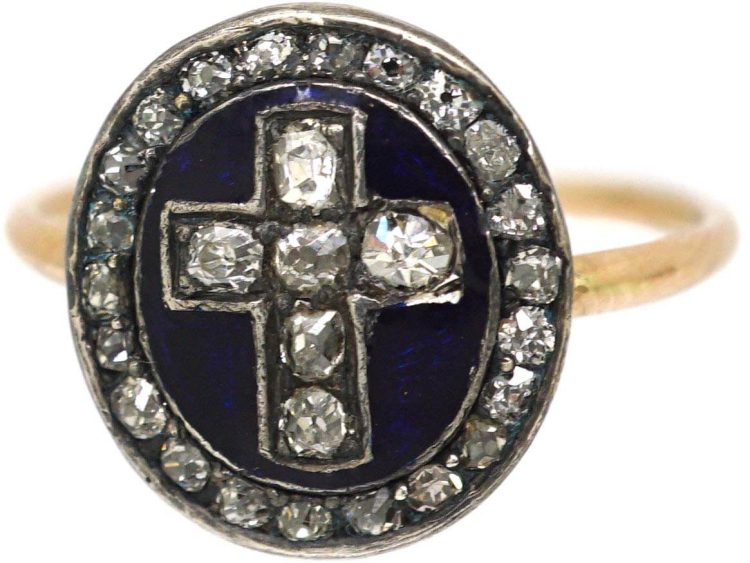 Georgian 15ct Gold & Silver Blue Enamel & Diamond Cross Ring