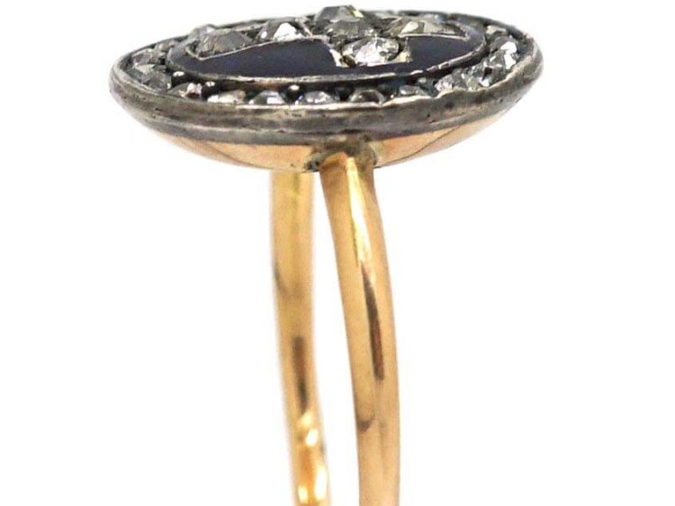 Georgian 15ct Gold & Silver Blue Enamel & Diamond Cross Ring