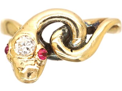 Victorian 18ct Gold Coily Snake Ring with a Diamond & Ruby Eyes