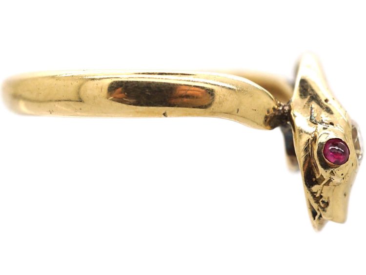 Victorian 18ct Gold Coily Snake Ring with a Diamond & Ruby Eyes