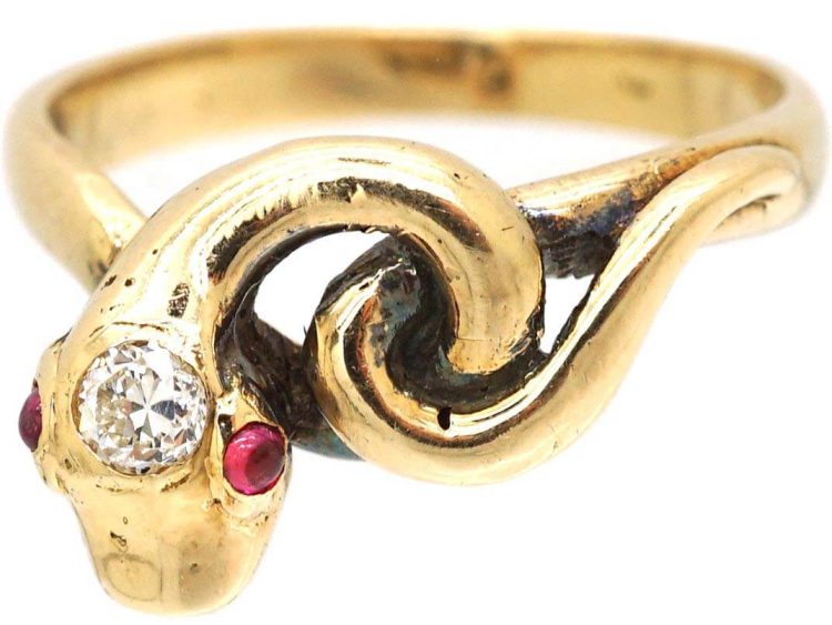 Victorian 18ct Gold Coily Snake Ring with a Diamond & Ruby Eyes