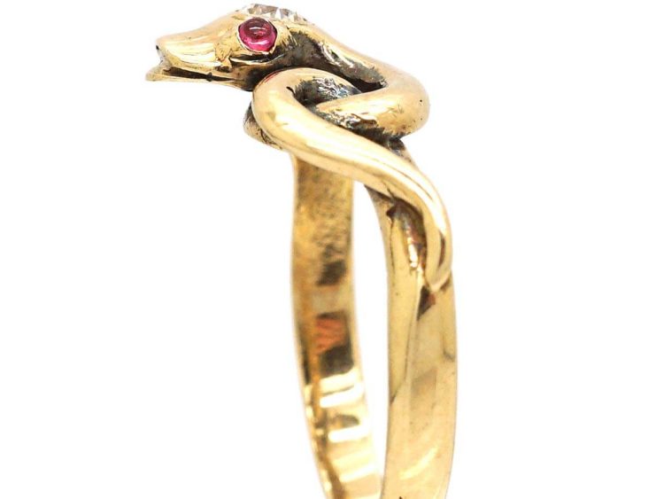 Victorian 18ct Gold Coily Snake Ring with a Diamond & Ruby Eyes