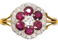 Edwardian 18ct & Platinum Ruby & Diamond Hexagonal Cluster Ring