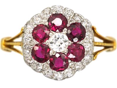 Edwardian 18ct & Platinum Ruby & Diamond Hexagonal Cluster Ring