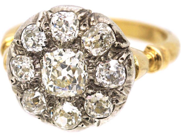 Victorian 18ct Gold & Silver Old Mine Cut Diamond Cluster Ring