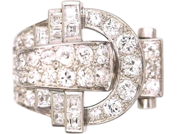 Retro 18ct White Gold Diamond Buckle Ring