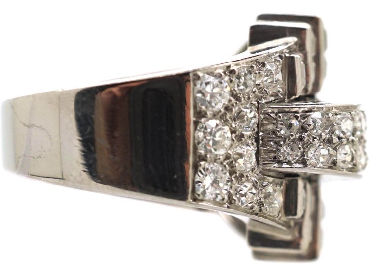 Retro 18ct White Gold Diamond Buckle Ring