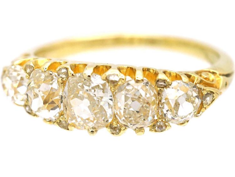 Victorian 18ct Gold Five Stone Diamond Carved Half Hoop Ring