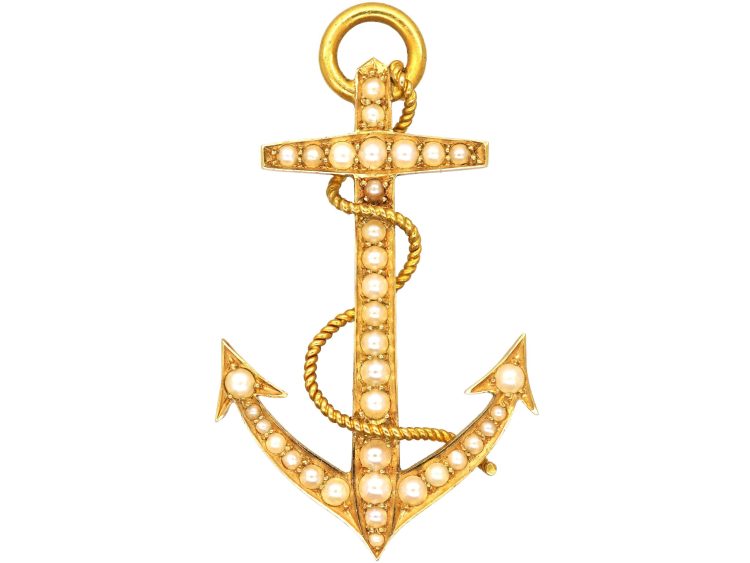 Victorian 15ct Gold Anchor Brooch set with Natural Split Pearls