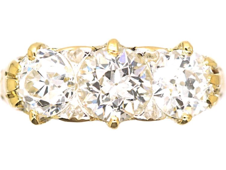Victorian 18ct Gold, Three Stone Diamond Carved Half Hoop Ring