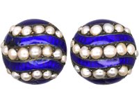 Victorian 18ct Blue Enamel 18ct Gold & Natural Split Pearl Earrings
