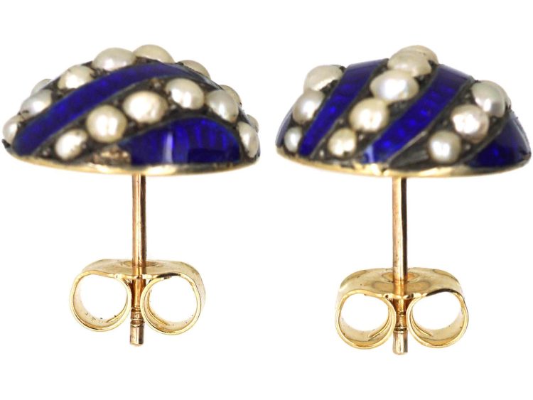 Victorian 18ct Blue Enamel 18ct Gold & Natural Split Pearl Earrings