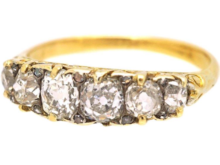 Victorian 18ct Gold Six Stone Diamond Carved Half Hoop Ring