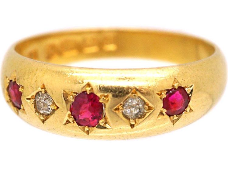 Edwardian 18ct Gold, Five Stone Ruby & Diamond Gypsy Ring
