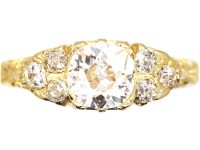 18ct Gold Carved Half Hoop Ring set with an Old Cushion Cut Diamond