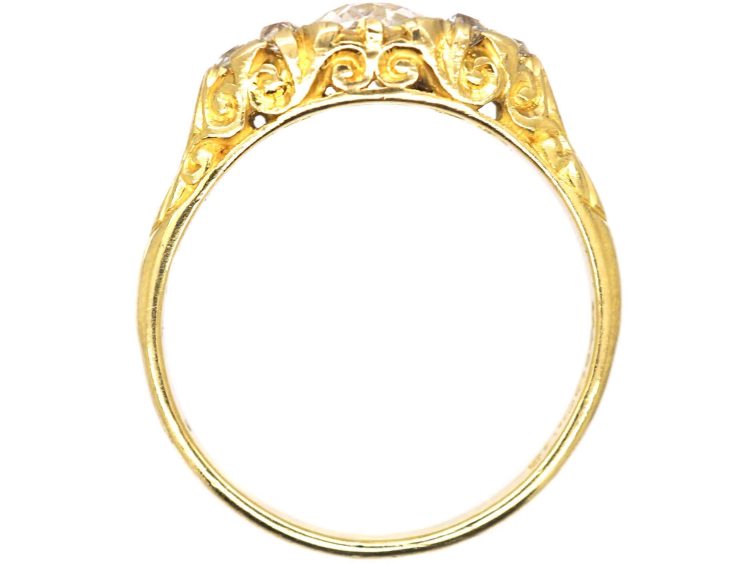 18ct Gold Carved Half Hoop Ring set with an Old Cushion Cut Diamond