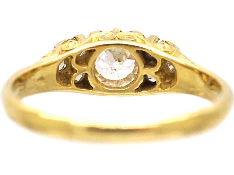 18ct Gold Carved Half Hoop Ring set with an Old Cushion Cut Diamond