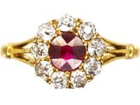 Victorian 18ct Gold Ruby & Diamond Cluster Ring with Split Shoulders